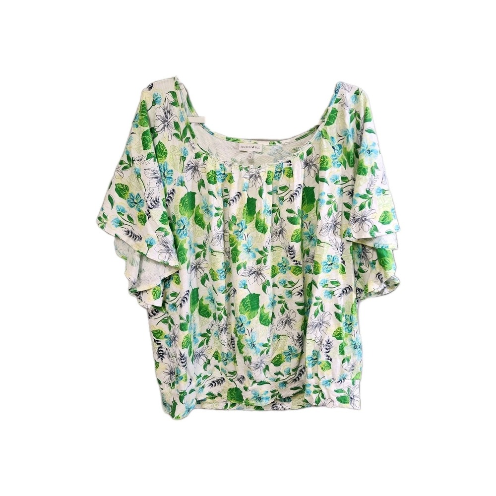 Fashion Bug Discontinued Scoop Neck Green/ Blue Floral Blouse Flutter Sleave XL